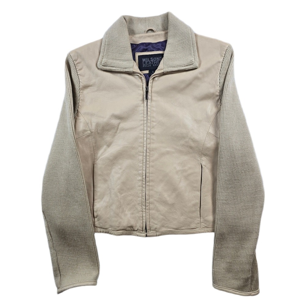 Wilsons Pelle Studio Leather Jacket Womens Large Beige Leather Sweater Hybrid